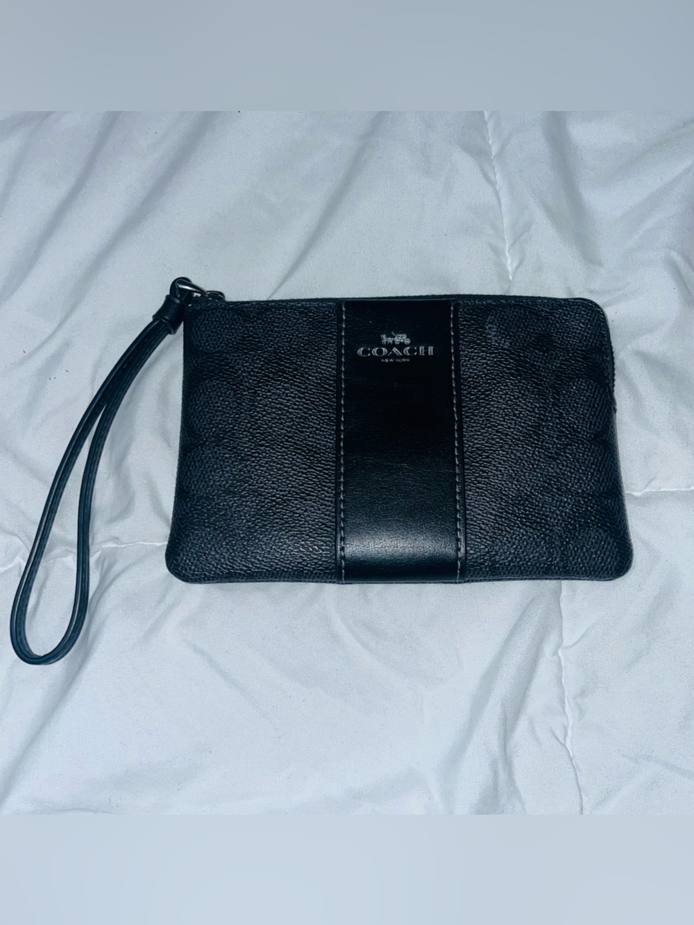 Coach Black Leather Wristlet Pouch with Center Panel